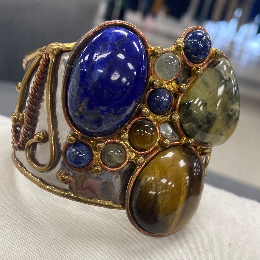 Handcrafted Multistone Cuff Bracelet - (natural gemsBlue Lapis & Brown Tiger Eye